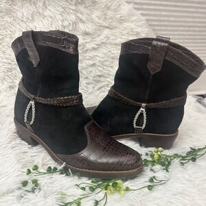 Brighton Wayne Women Cowboy Western  Boots Brown Croc Leather Black Suede sz  7M